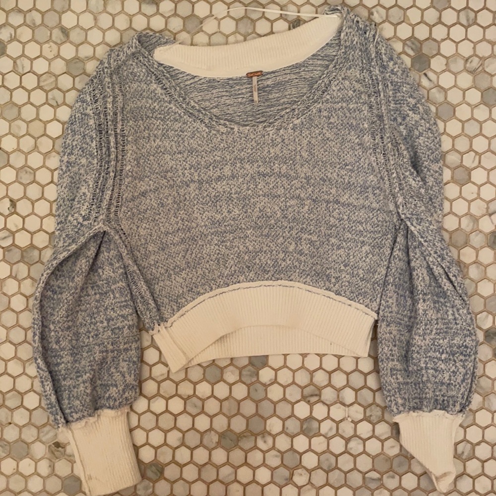 FREE PEOPLE blue + white cropped knit sweater NO LONGER IN PRODUCTION